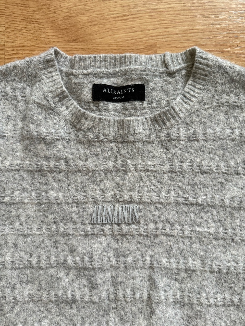 AllSaints Bergen Crew Jumper Gray Textured Wool Sweater Size M